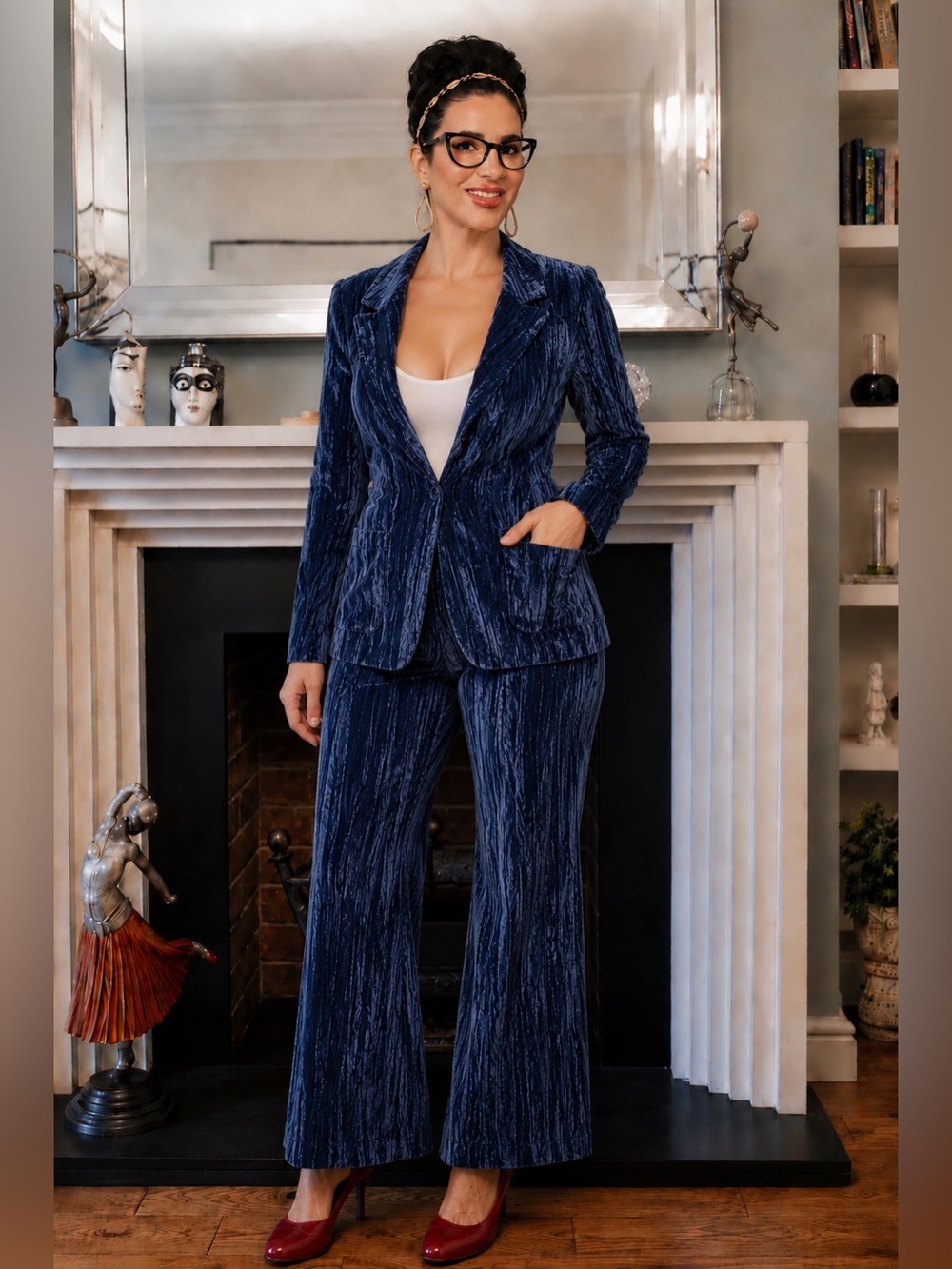 NWOT- Treasure & Bond Blue Crushed Velvet Oversized Pant Suit Wide Leg. Sz 12
